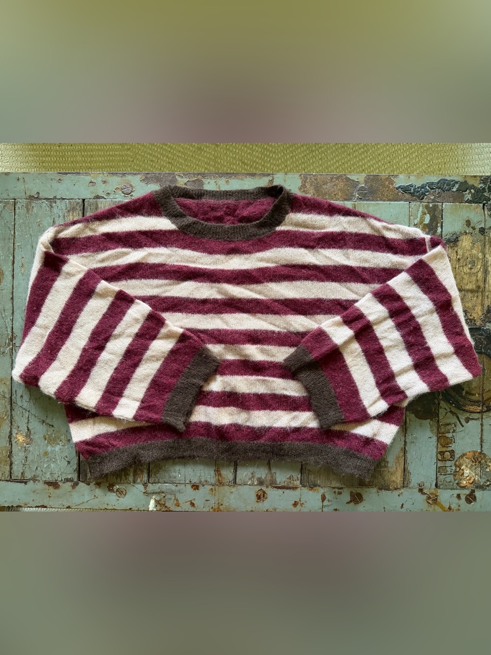 Alpaca Striped Oversized Crewneck Sweater in Burgundy & Blush w Chocolate Trim